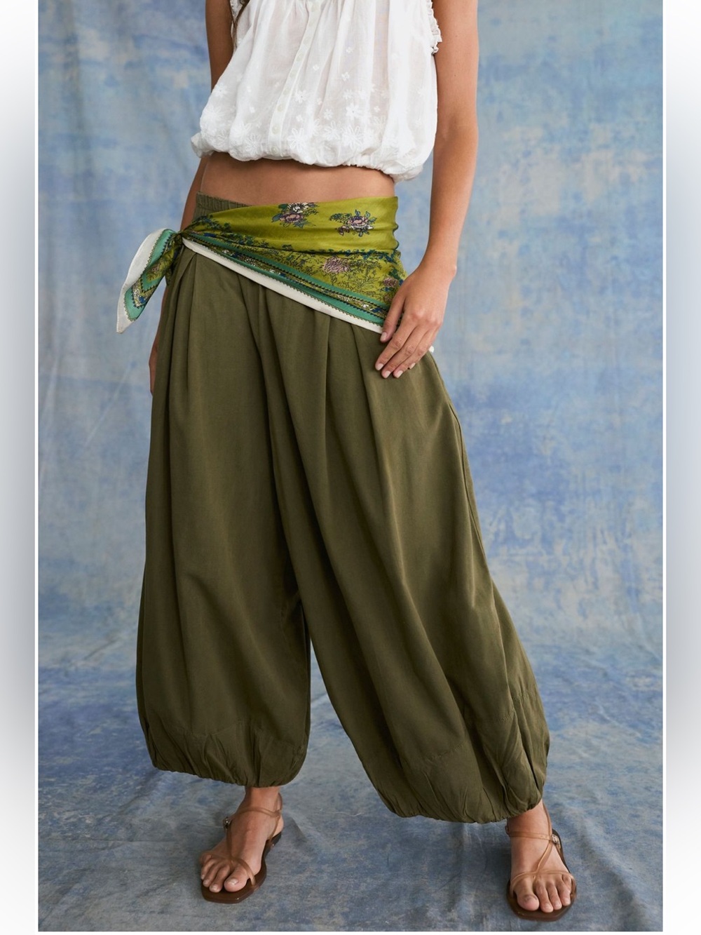Free People Moonflower Pull On Balloon Pants XS Sage Dark Green Harem Wide Leg - Picture 4 of 12